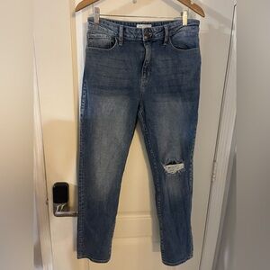 Denim Blue Straight Leg Jeans with Distressed Detail